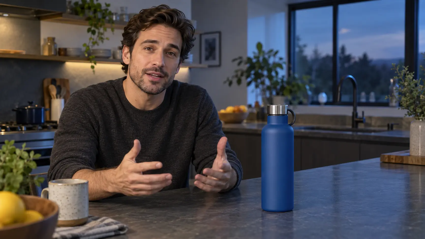 Synthetic creator video frame showing a presenter and a product bottle in a kitchen